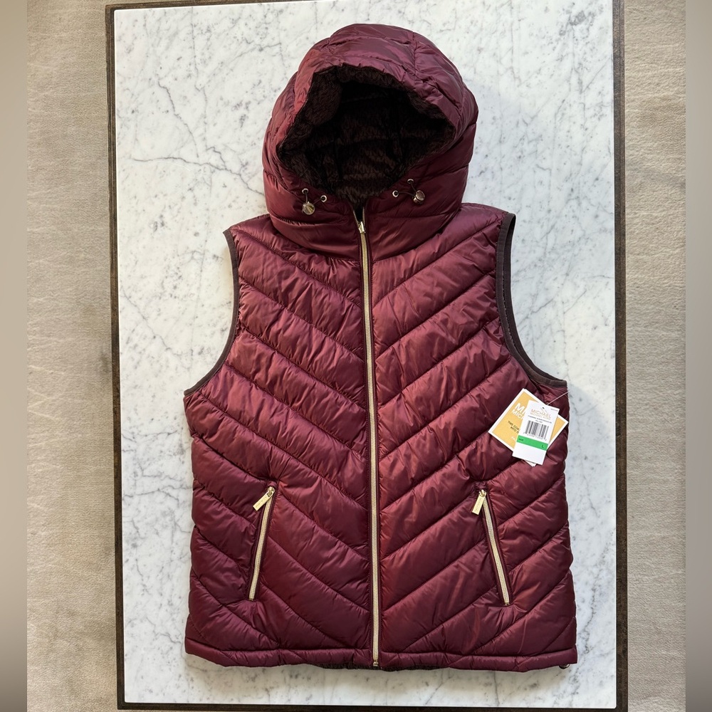 Michael Kors Maroon Quilted Vest with Hood
